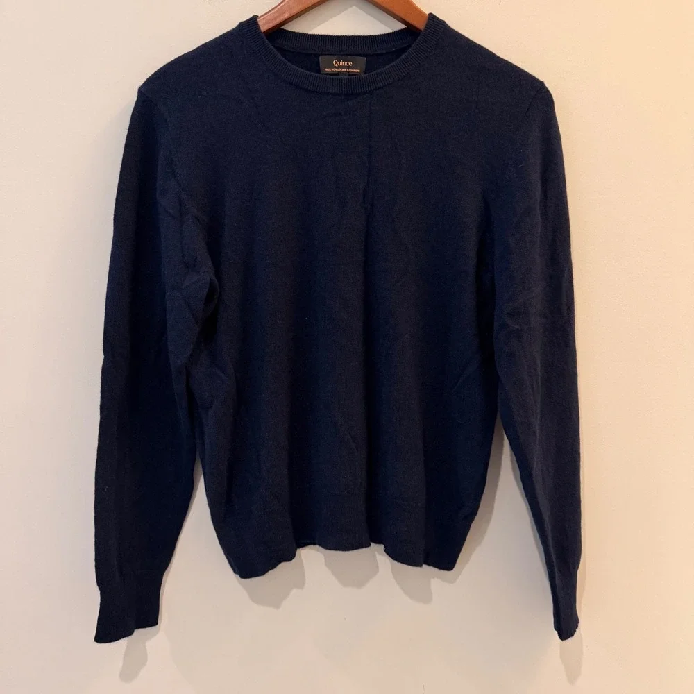 Quince Mongolian Cashmere Crewneck Sweater Breathable Date Travel Navy L NWOT
